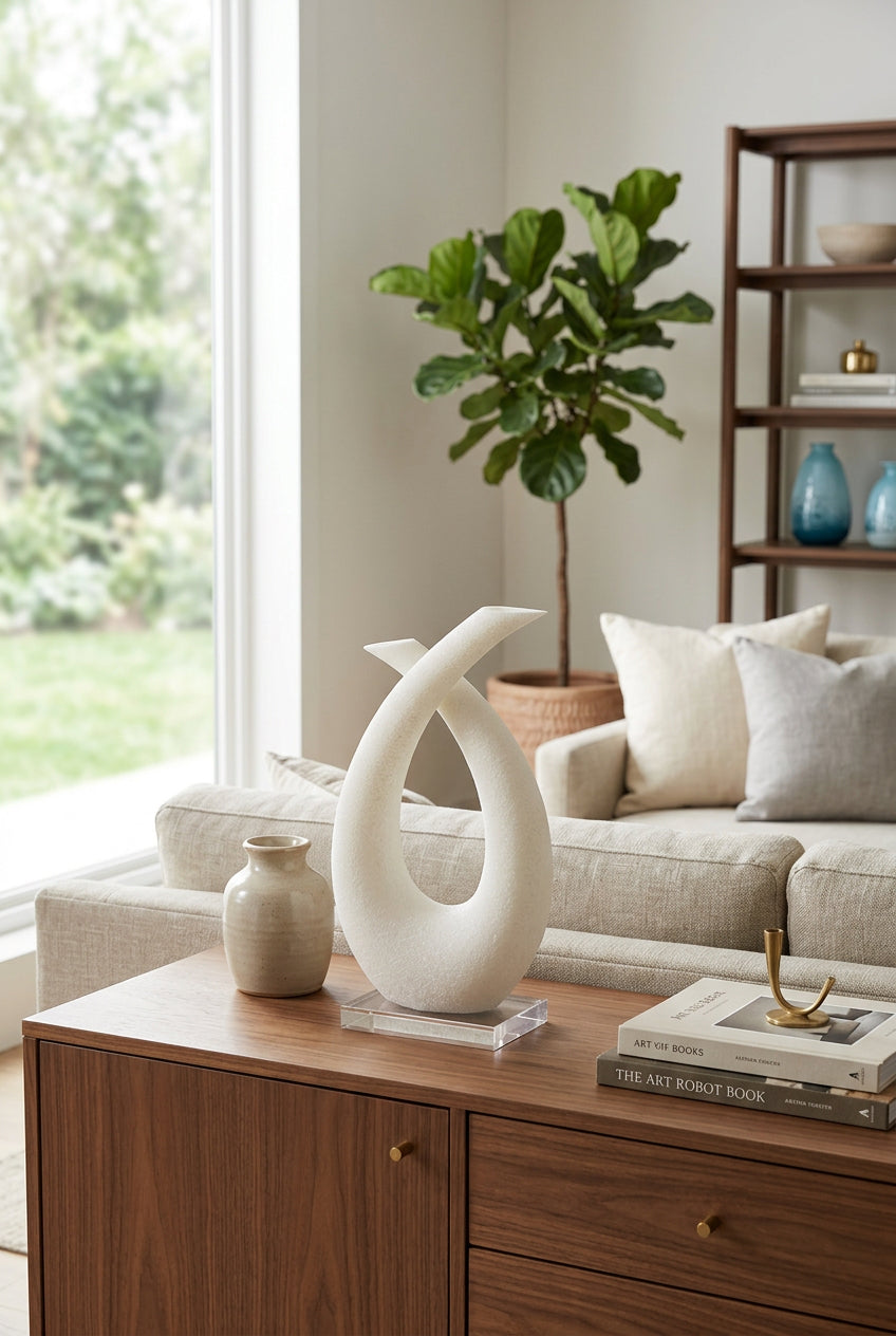 Vase Sculptural Moderne Ivoire – Objet Décoratif Design sur Socle Transparent