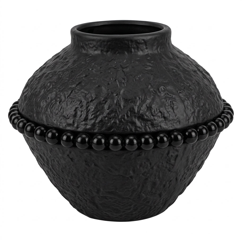 Vase décoratif noir texturé à détails perlés