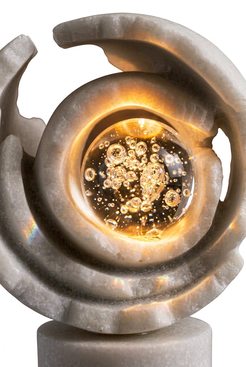 Sculpture Décorative Spirale Ivoire avec Sphère Cristalline