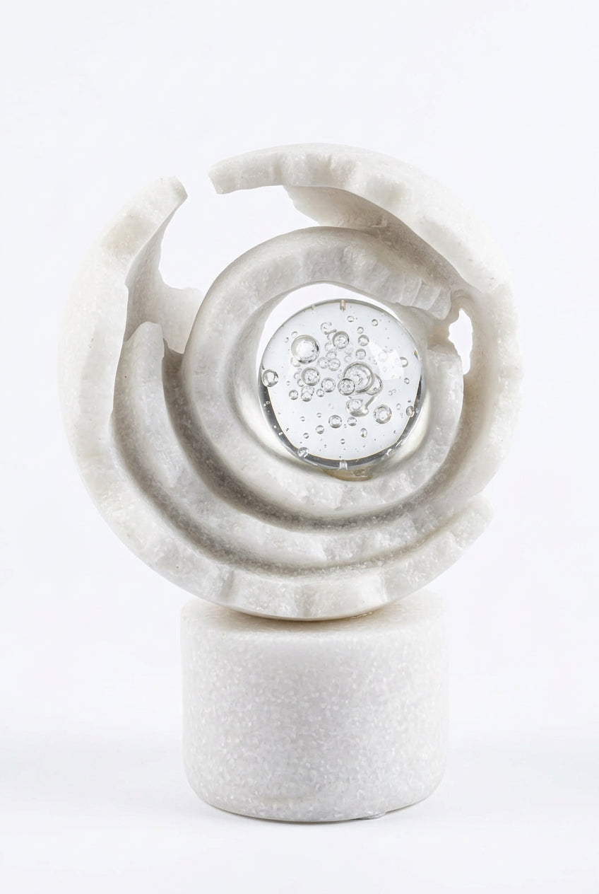 Sculpture Décorative Spirale Ivoire avec Sphère Cristalline