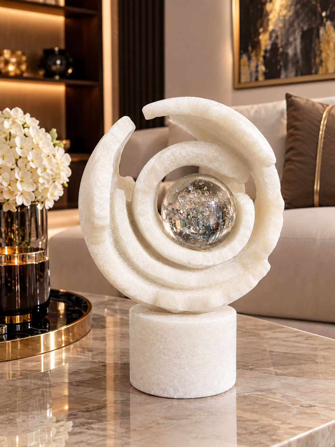Sculpture Décorative Spirale Ivoire avec Sphère Cristalline